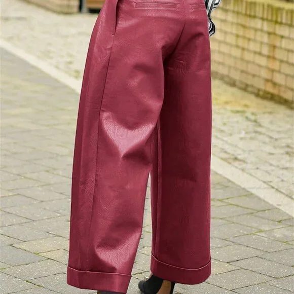 Burgundy Elegant Women's Faux Leather Baggy Pants With Pocket